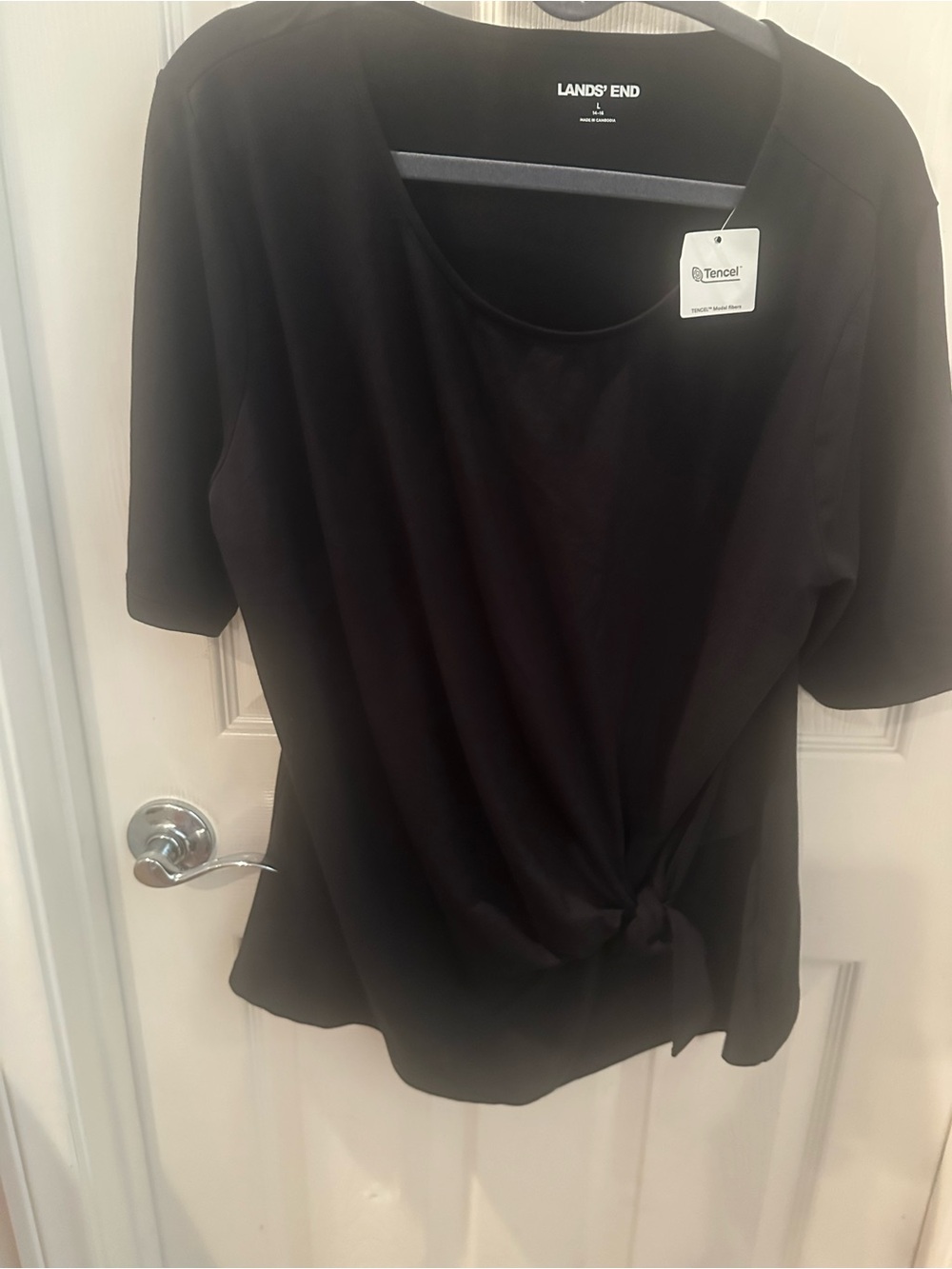 Lands' End Black Short-Sleeve Tencel Top with Front Knot
